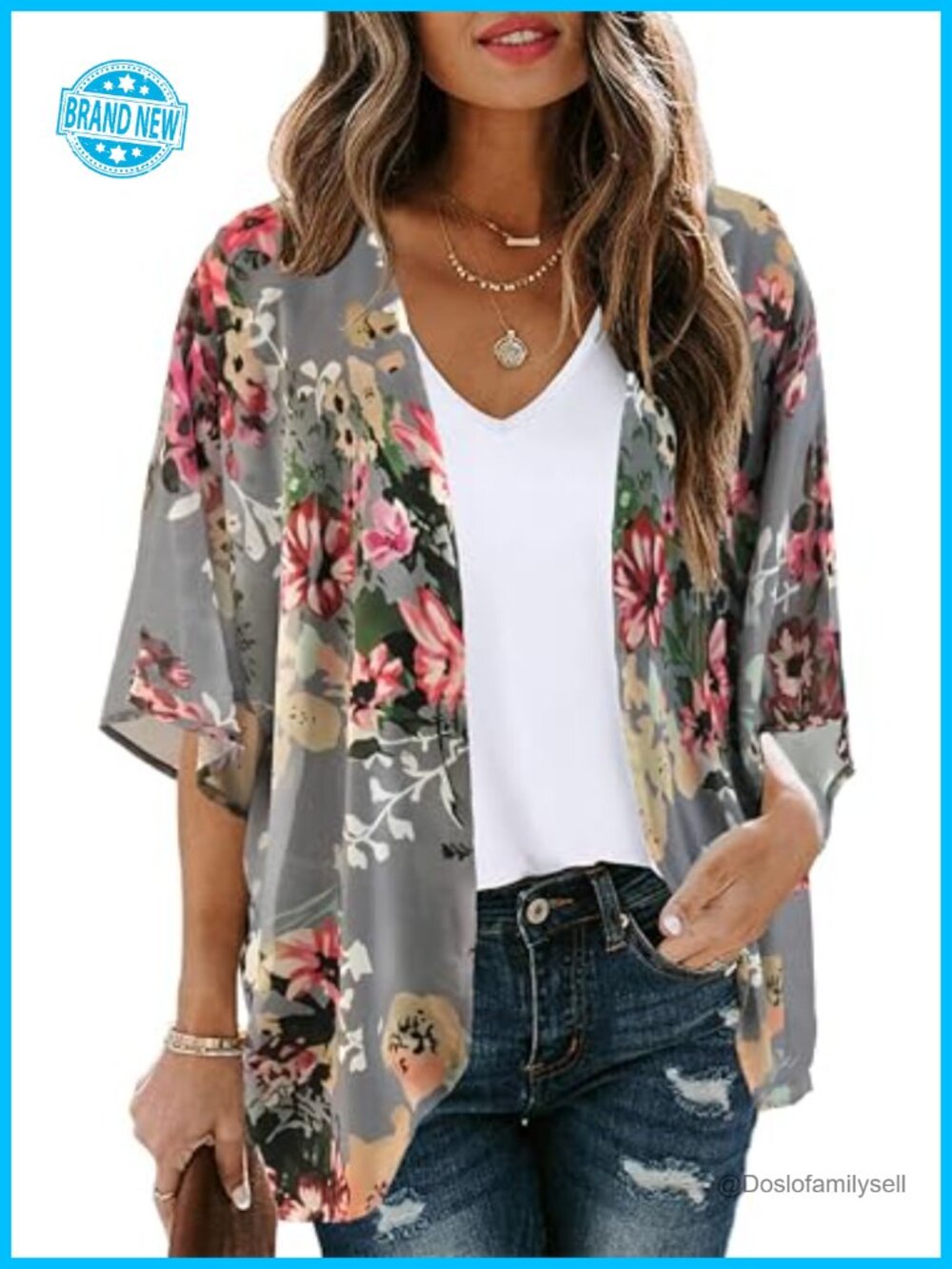 Floral Chiffon Kimono Cardigan Beach Cover Up Open Front Loose Puff Sleeve